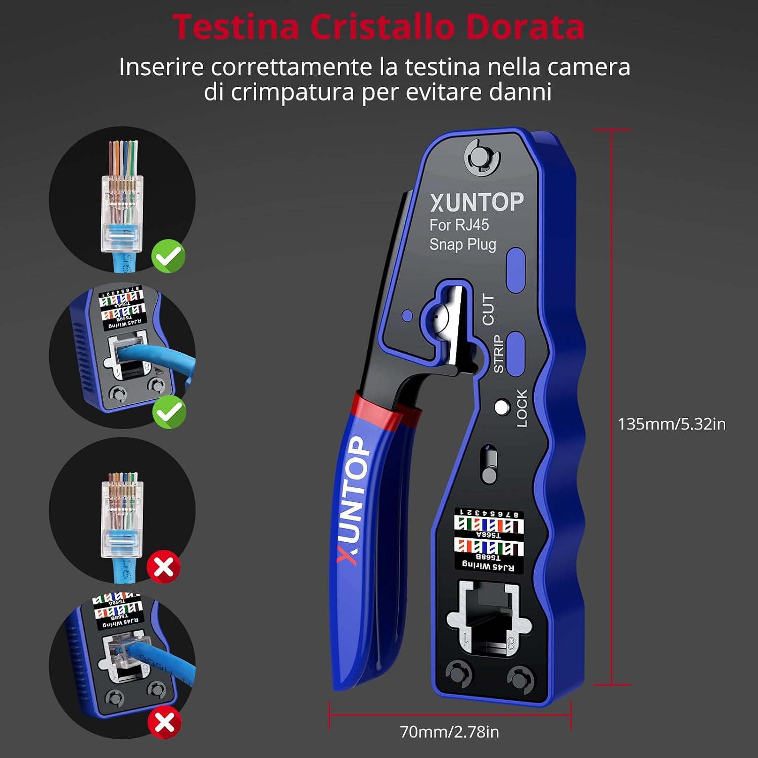 Detalle 1 de XUNTOP Pinza crimpatrice RJ45 pass-through con 20 connettori Cat6 dorati e accessori