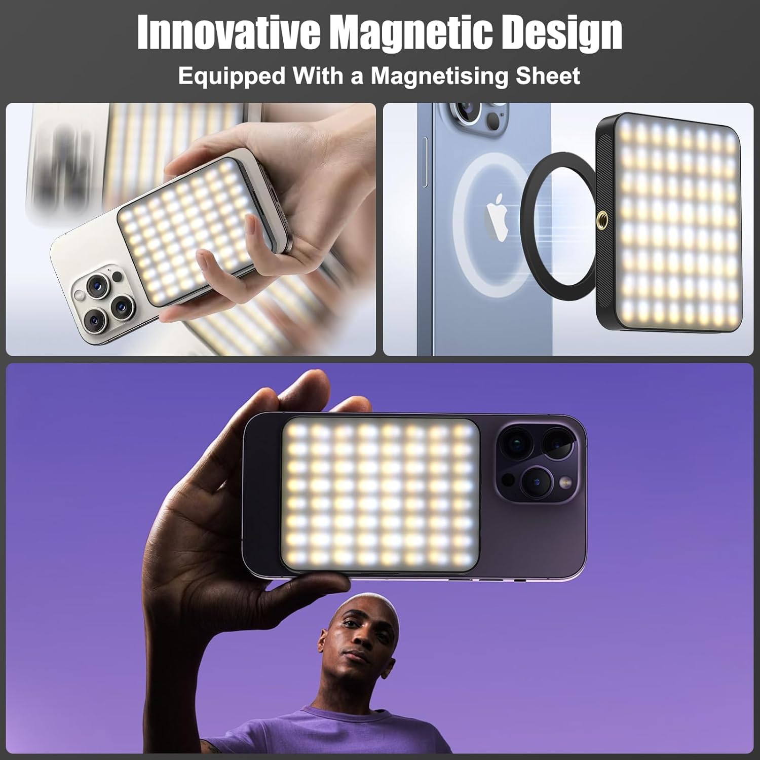 Detalle 2 de Diyife Magnetic Selfie Light with 128 LEDs – 360° Rotatable Clip-on Phone Light for Video, Calls and Live Streaming
