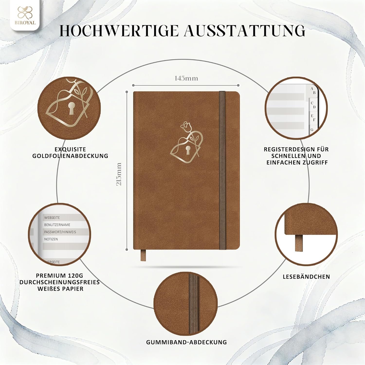Thumbnail 3 de BIROYAL Passwort Buch Deutsch (A5) mit Register A–Z – Hardcover Notizbuch für Websites, Benutzernamen & Passwörter