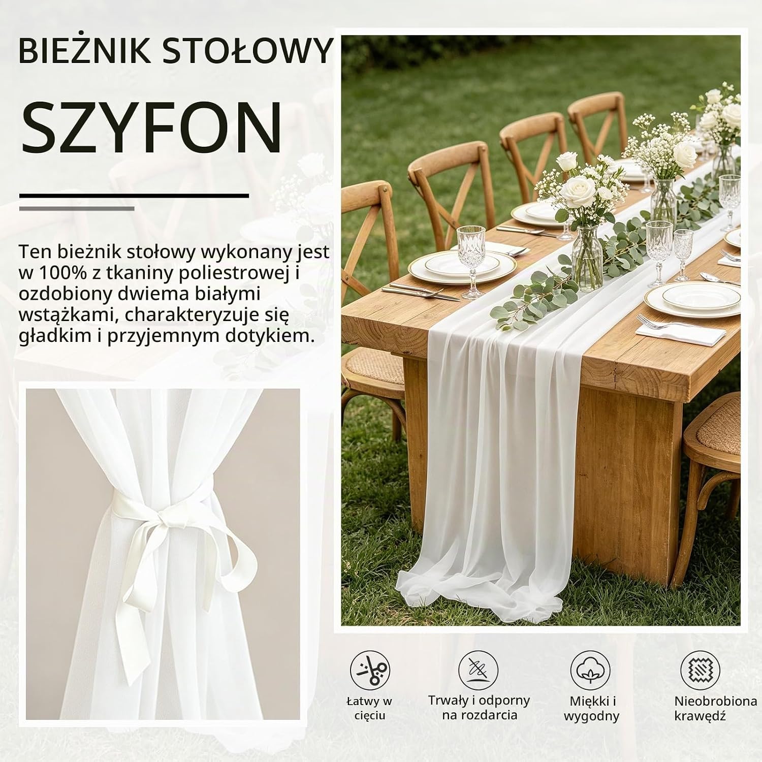 Thumbnail 2 de GanYesin biały bieżnik szyfonowy 77 × 300 cm, do stołu i dekoracji w stylu boho