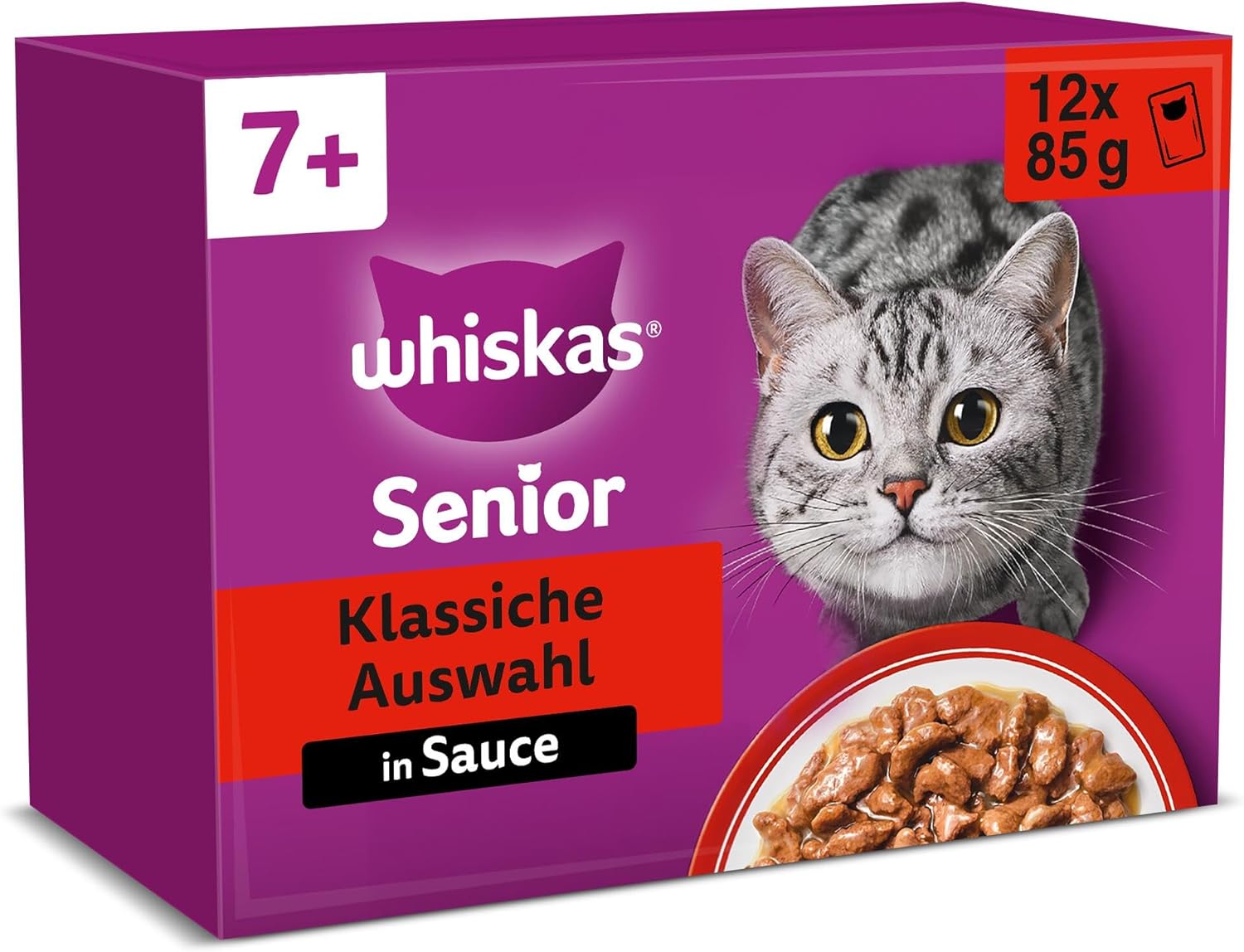 Detalle de Whiskas 7+ Katzenfutter Klassische Auswahl in Sauce – 12x85 g (4× Pack) für Katzen ab 7 Jahren
