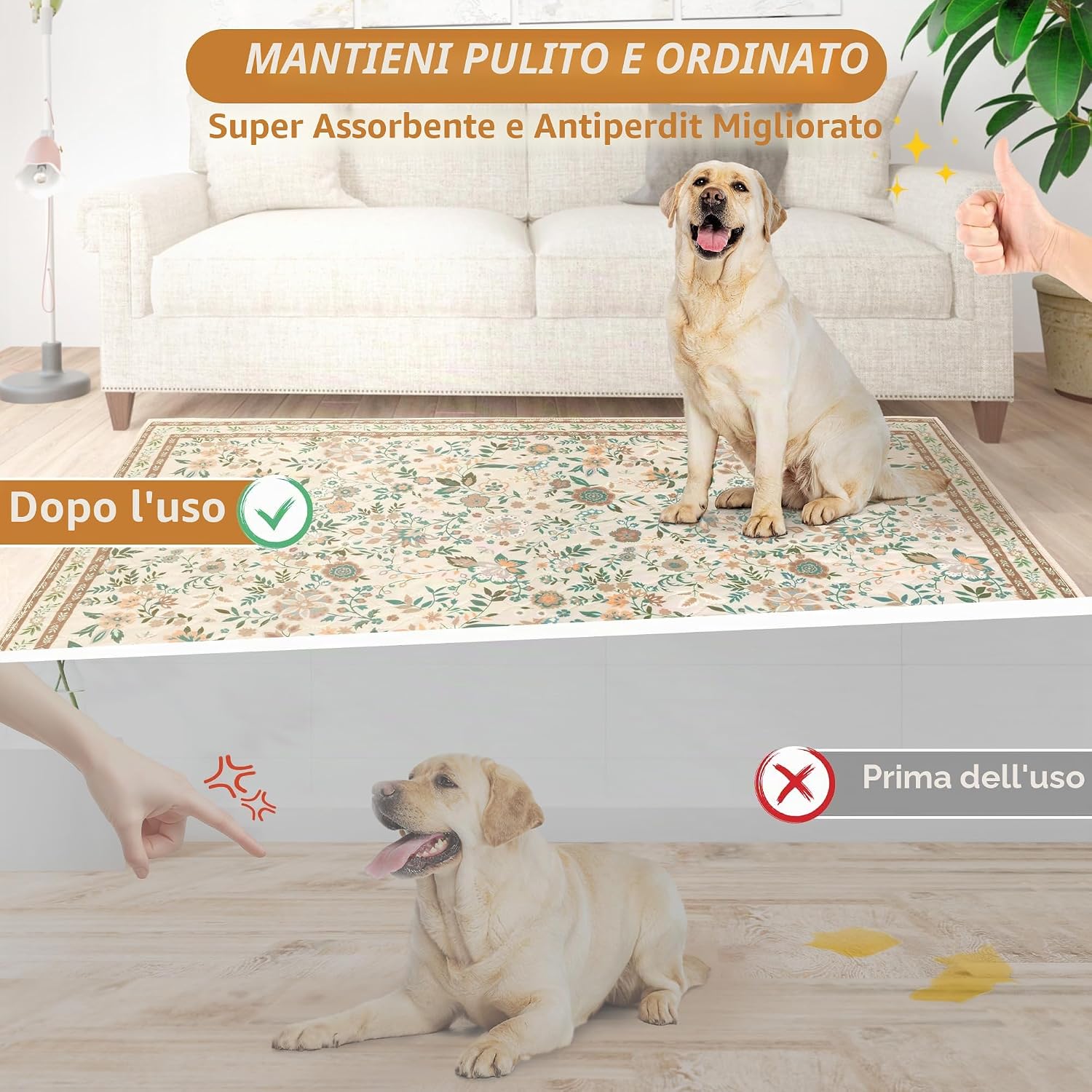 Thumbnail 6 de BaoDan Traversine Lavabili per Cani 2 Pezzi 122x122 cm – Tappetini igienici riutilizzabili con fondo antiscivolo, stampa floreale marrone