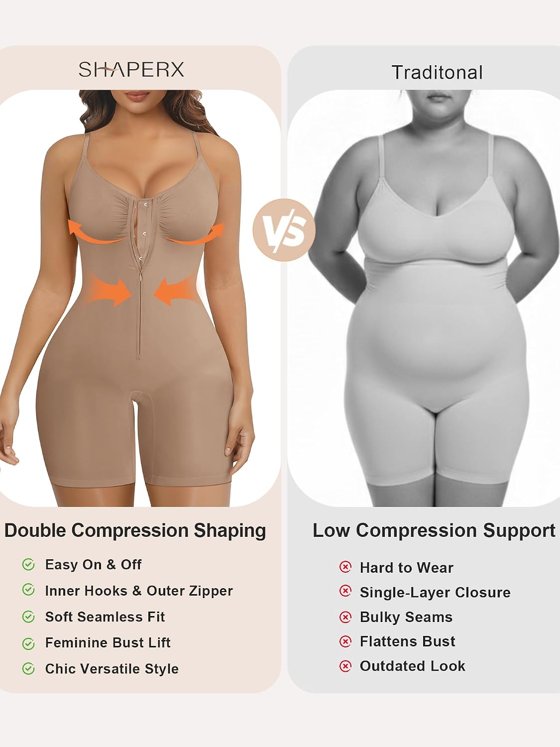 Detalle 1 de SHAPERX Women's Shapewear Bodysuit with Zip, Inner Hooks and Adjustable Straps