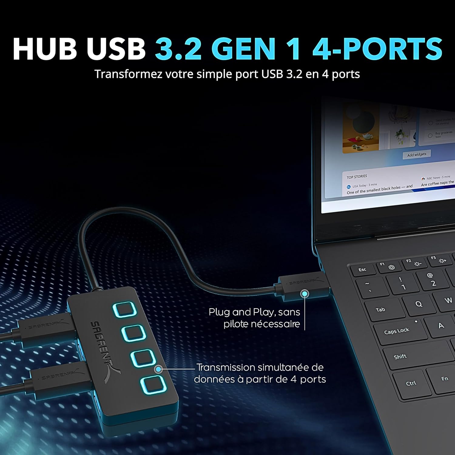 Detalle 2 de SABRENT Hub USB alimenté 4 ports USB 3.0 ultra-rapide 5 Gbps (HB-UMP3) avec interrupteurs et voyants