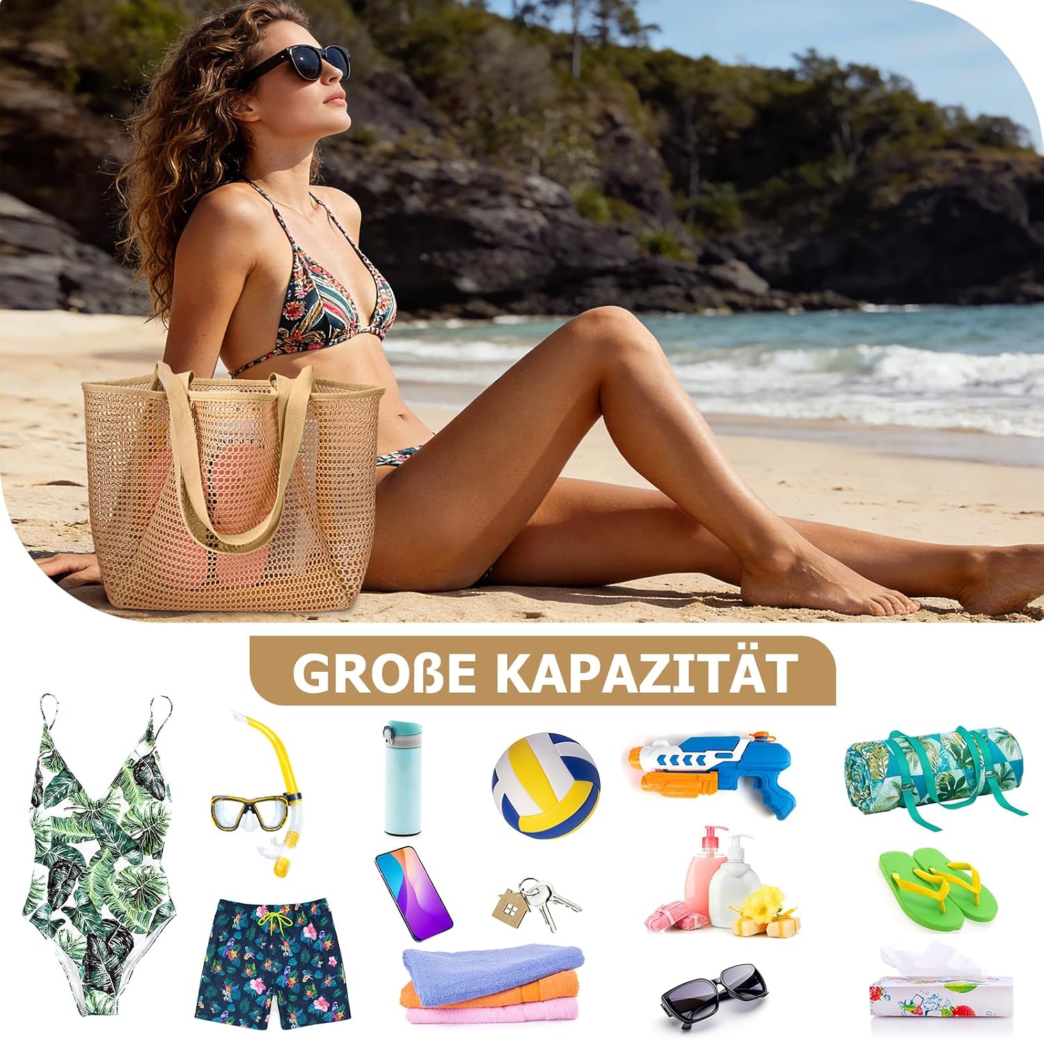 Thumbnail 6 de benpen Strandtasche Damen XL Familie – Netzkorb mit Reißverschluss-Innentasche, leicht & faltbar