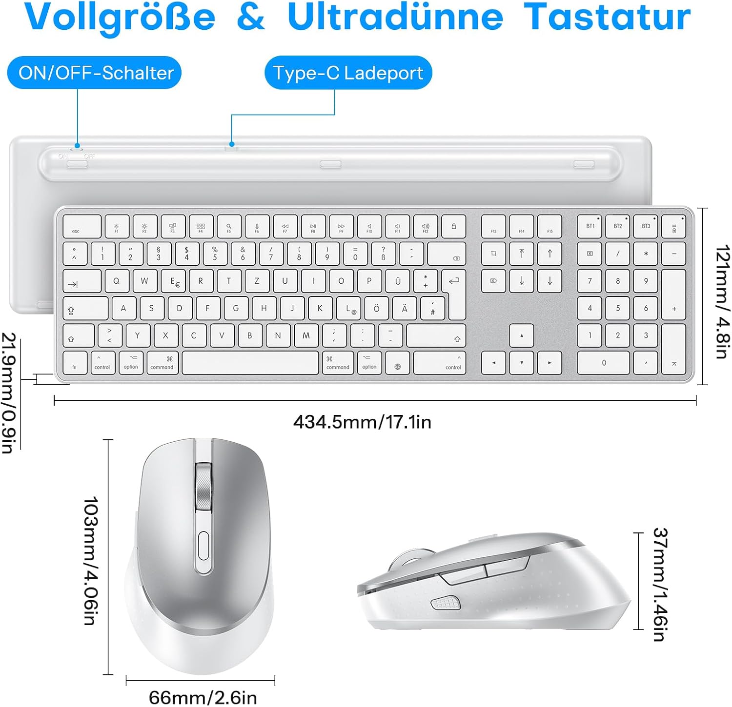 Detalle de OMOTON Mac Tastatur Maus Set Kabellos – Bluetooth, DE Layout, Multi-Gerät