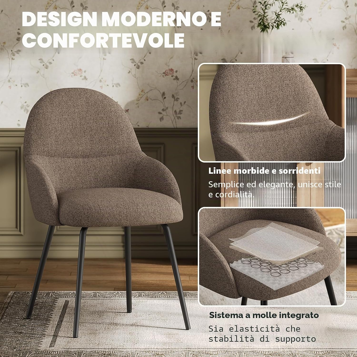 Thumbnail 3 de Goeurvant – Set di 4 sedie moderne per sala da pranzo con braccioli, tessuto lino marrone