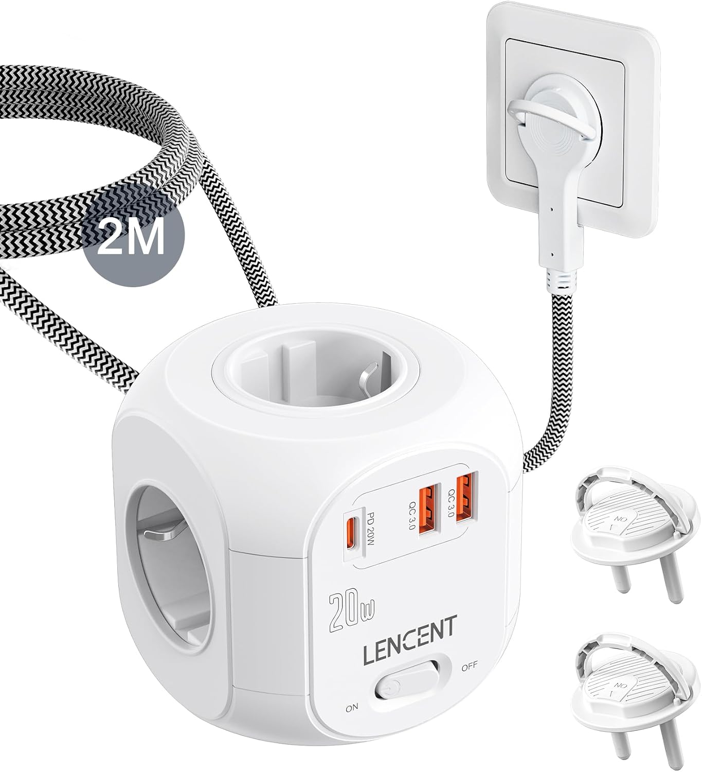 Detalle de LENCENT SL-805E-F-PD stekkerdoos met 4 stopcontacten, QC 3.0 en PD 20 W