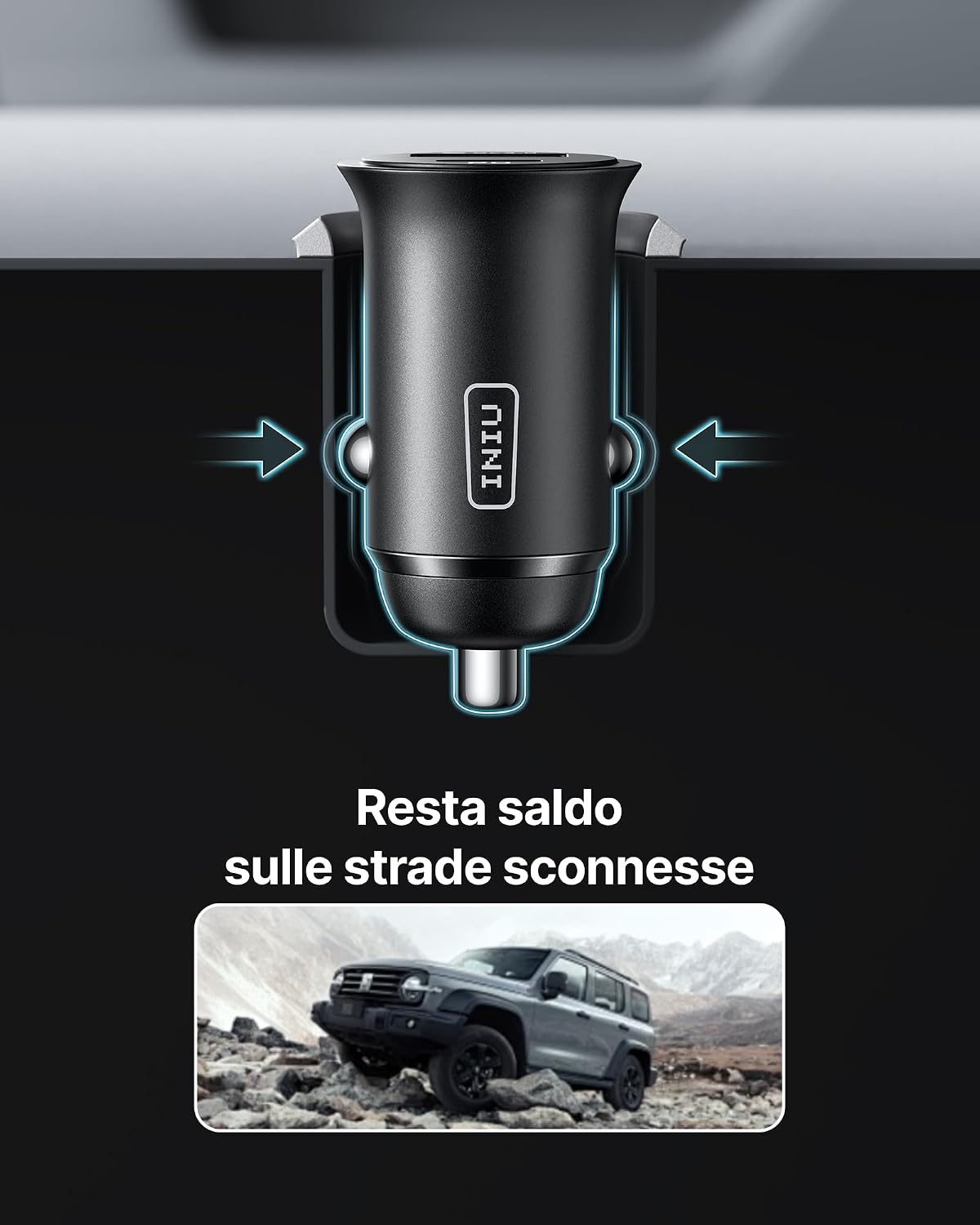 Detalle 2 de INIU caricatore auto 60W con USB-C PD e QC 3.0, doppia porta per ricarica rapida