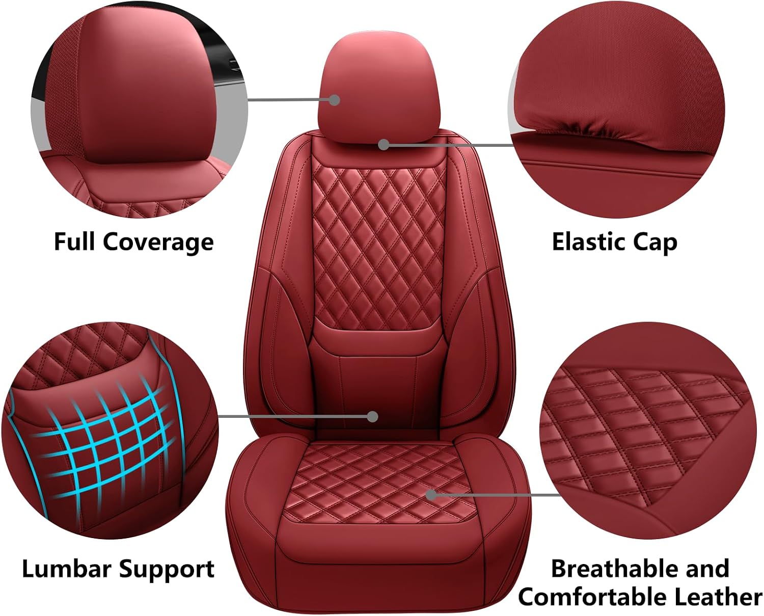 Detalle de CHOCMONS Car Seat Covers Full Set (Universal Fit) in Wine Red — Faux Leather, Airbag-Compatible