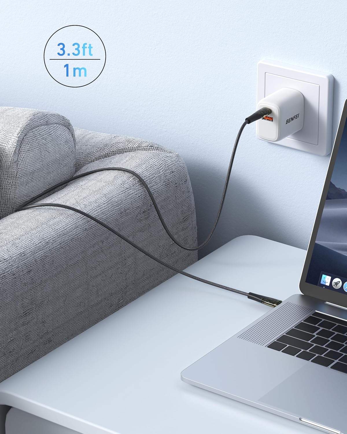 Detalle de BENFEI 100W USB-C auf USB-C Kabel – 3er-Set, 1 m, transparent