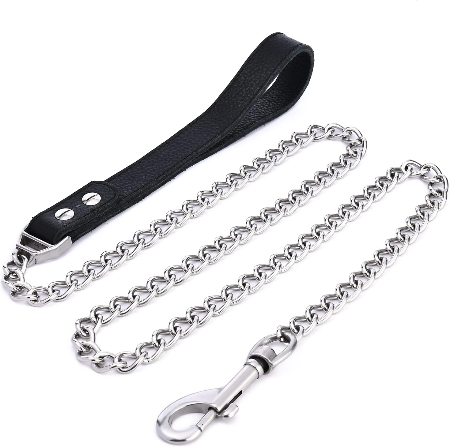 Detalle de YOTHIWAD Hundeleine aus Metall (Edelstahl 316L), Schwerlast-Gehtrainingsleine mit Ledergriff – 120 cm