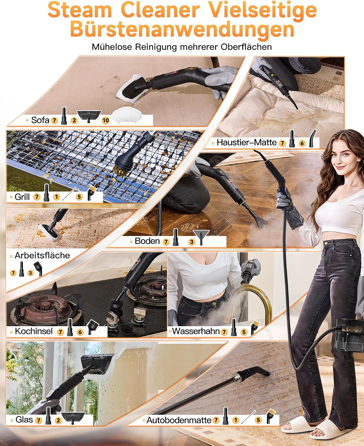 Detalle de Gautye Dampfreiniger 3-stufig verstellbarer Griff – 2 L Wassertank, 18 Zubehörteile, 1600 W