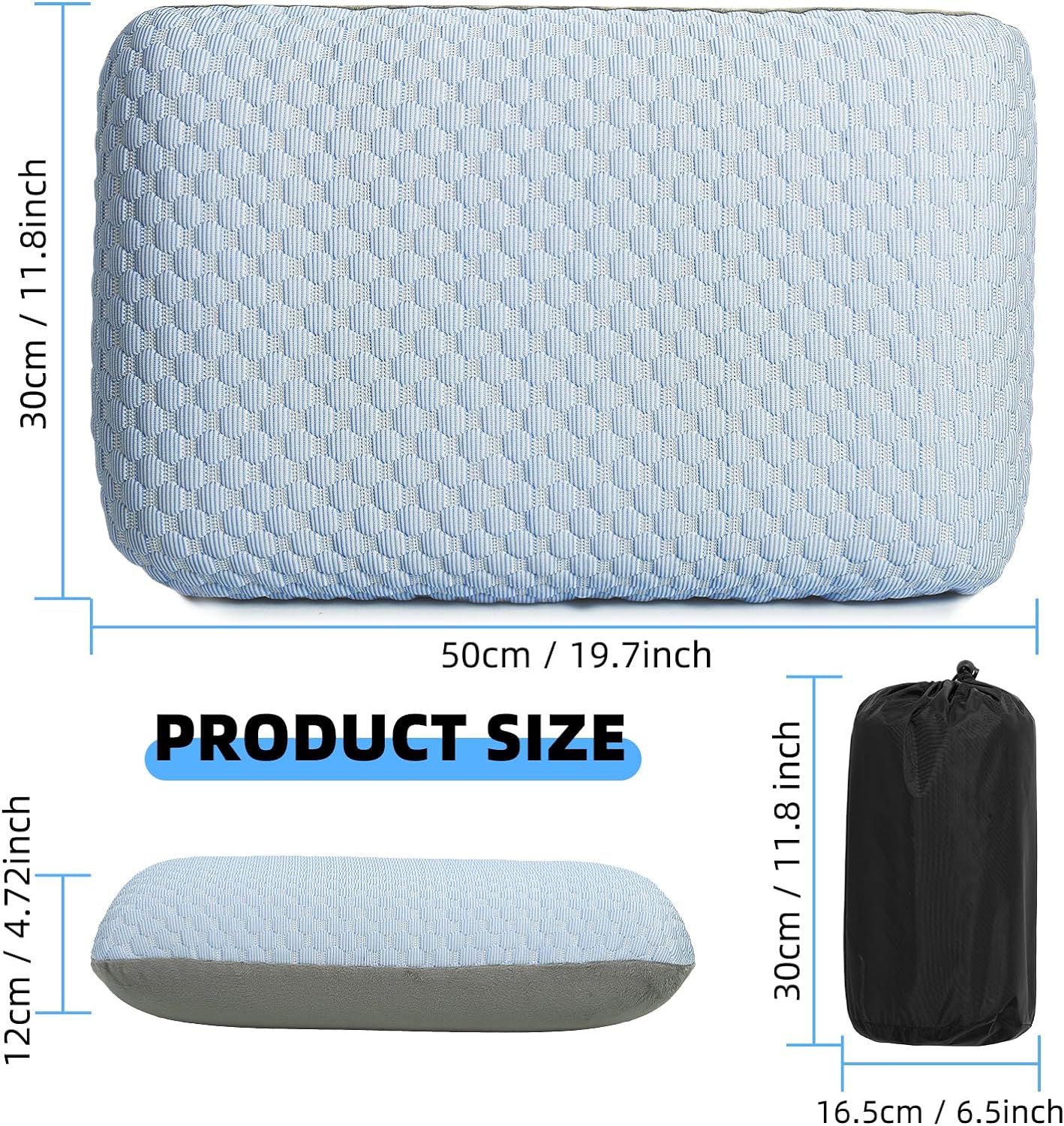 Detalle de Crisonky Travel and Camping Pillow – compressible medium firm memory foam with carry bag, cooling fabric & lumbar support