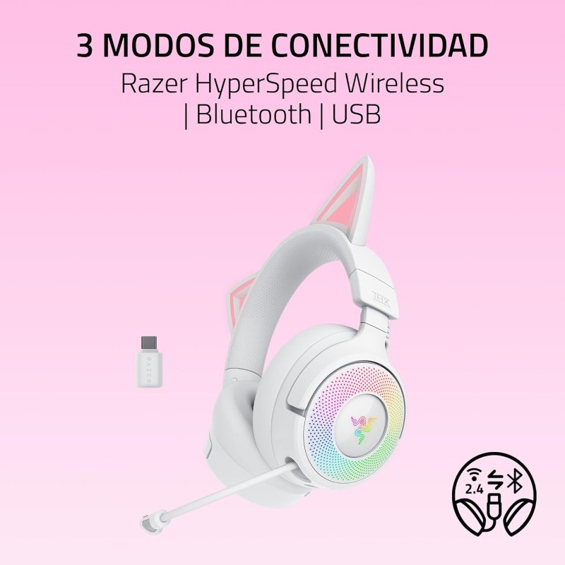 Detalle 2 de Razer Kraken Kitty V3 Pro inalámbricos: sonido envolvente y orejas de gato RGB para streaming y juego avanzado