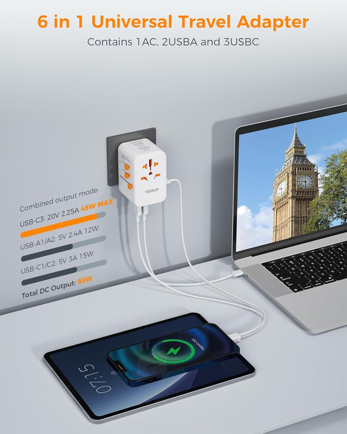 Thumbnail 1 de TESSAN Universal Travel Adapter 65W with PD Fast Charging