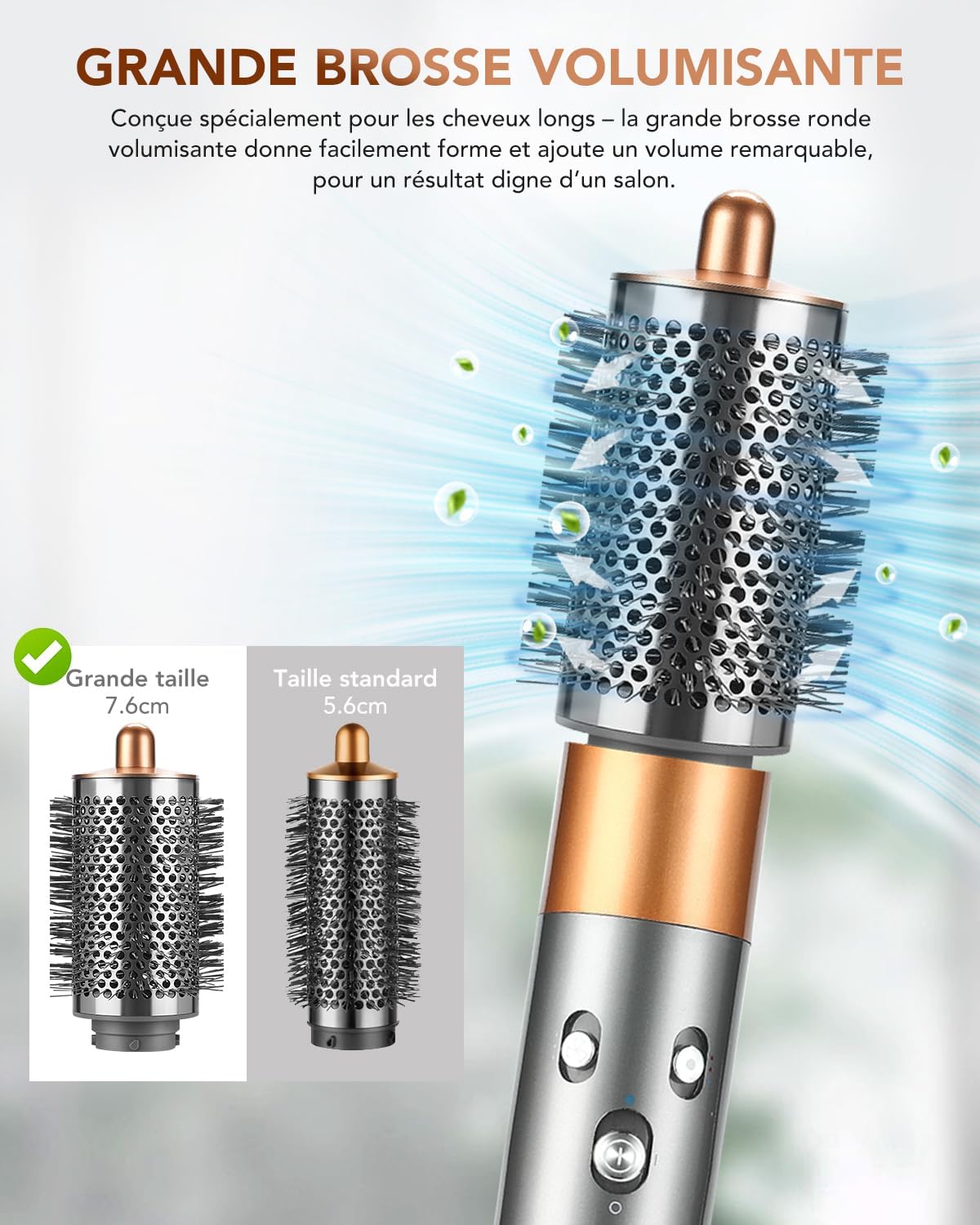 Detalle de Grande Brosse Volumisante compatible Dyson Airwrap – Poils longs et fins, cuivrée