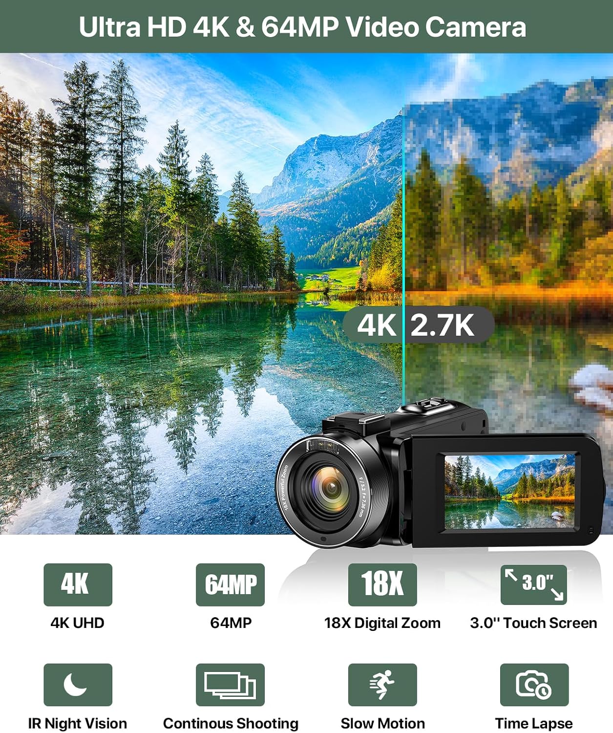 Detalle 2 de 4K Video Camera Camcorder 64MP Vlogging Camera 32GB