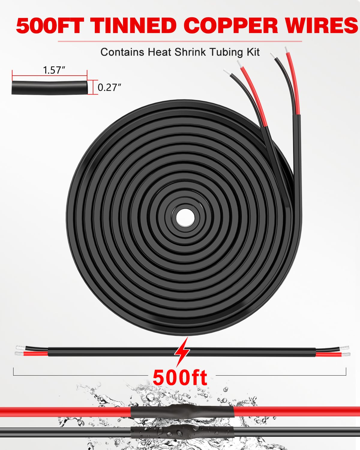 Detalle de NAOEVO 14 Gauge 2 Conductor Electrical Wire (14 AWG) – 500FT, IP68 Waterproof, Tinned Copper, PVC Jacket