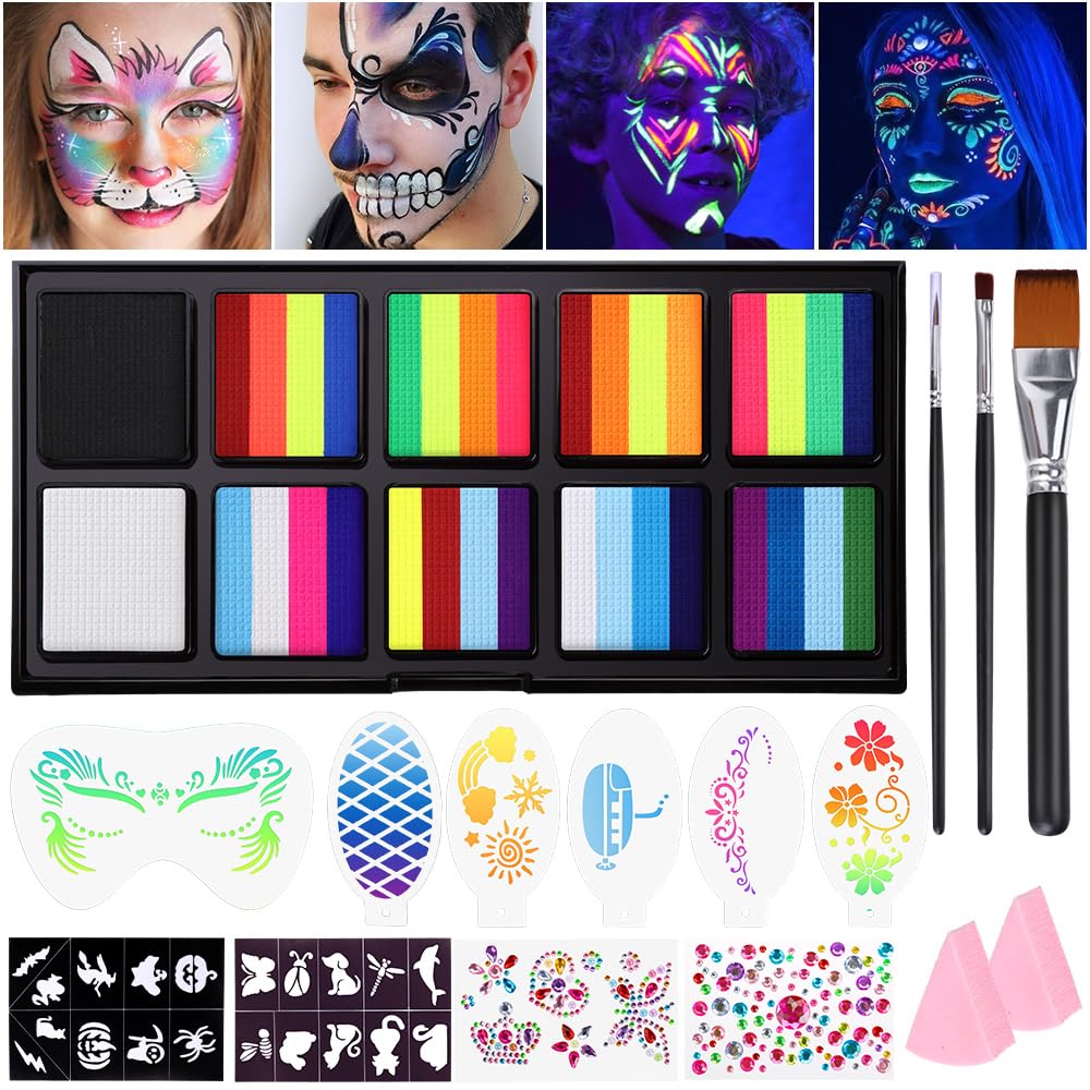 Janolia Gesichtsfarbe Kinderschminke Set – UV-Theaterfarben, Split Cake, 8 Rainbow-Farben + Extras