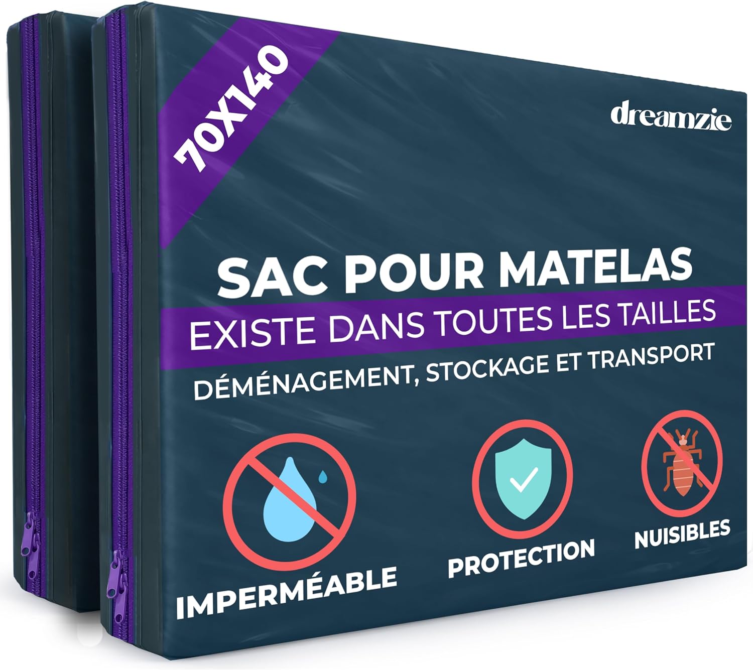Detalle de Lot de 2 housses de protection Dreamzie pour matelas 70x140 cm (plastique opaque, fermeture éclair, épaisseur 20 cm)