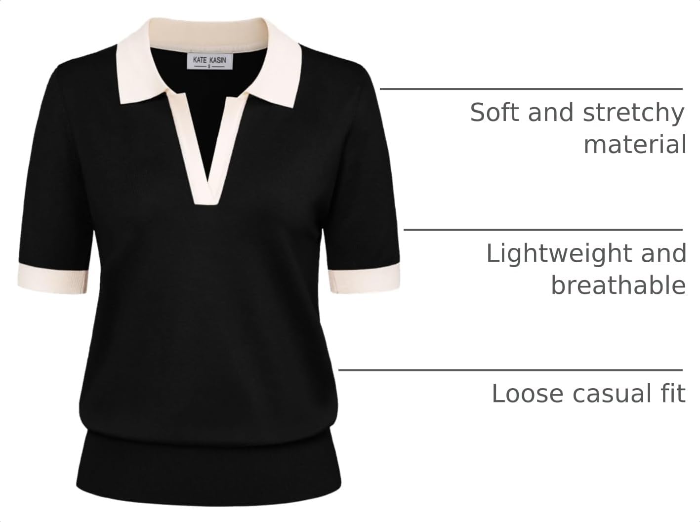 Detalle 2 de Kate Kasin Women’s Short Sleeve Polo Sweater (V-Neck Ribbed Knit Pullover)