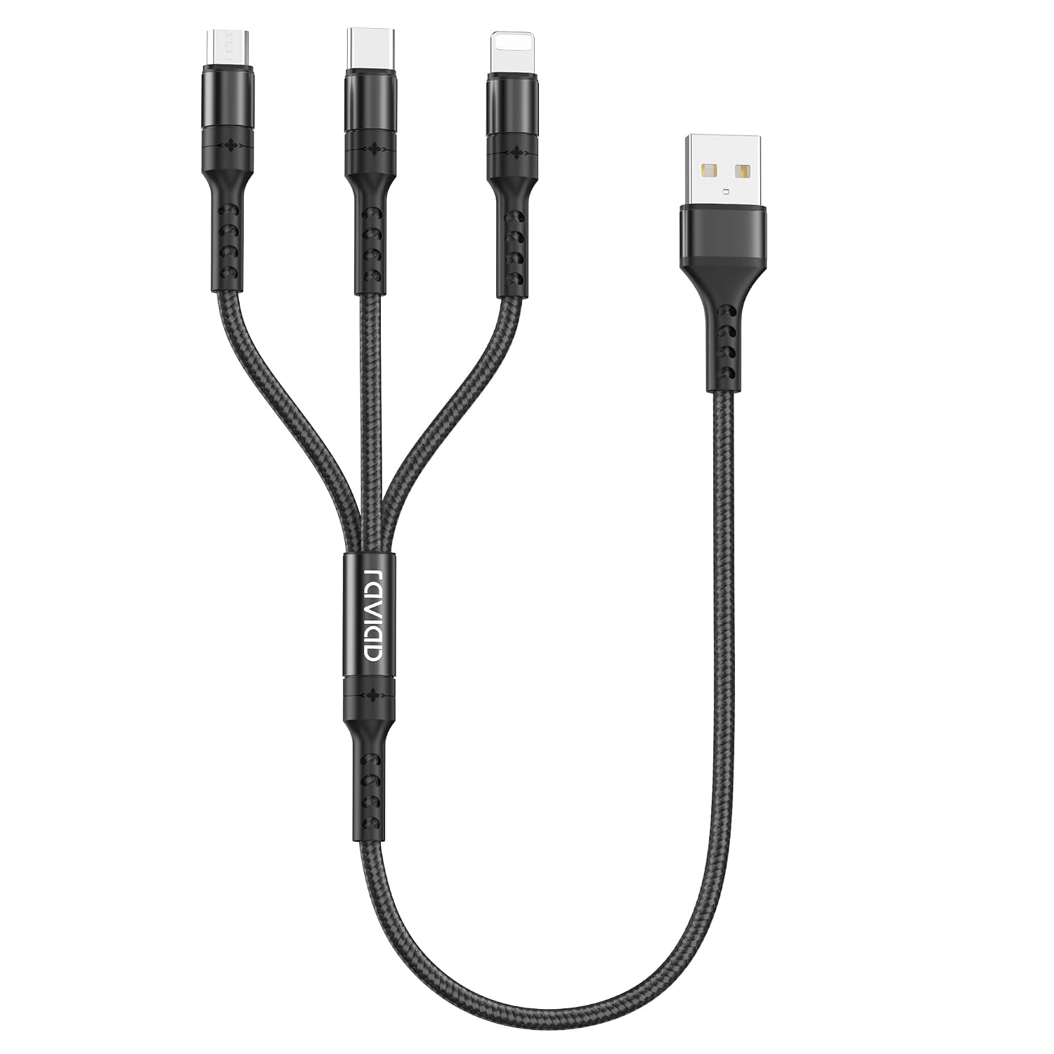 Detalle de RAVIAD 3-in-1 Multi Charger Cable (0.5m) with Lightning, USB‑C and Micro USB – Black