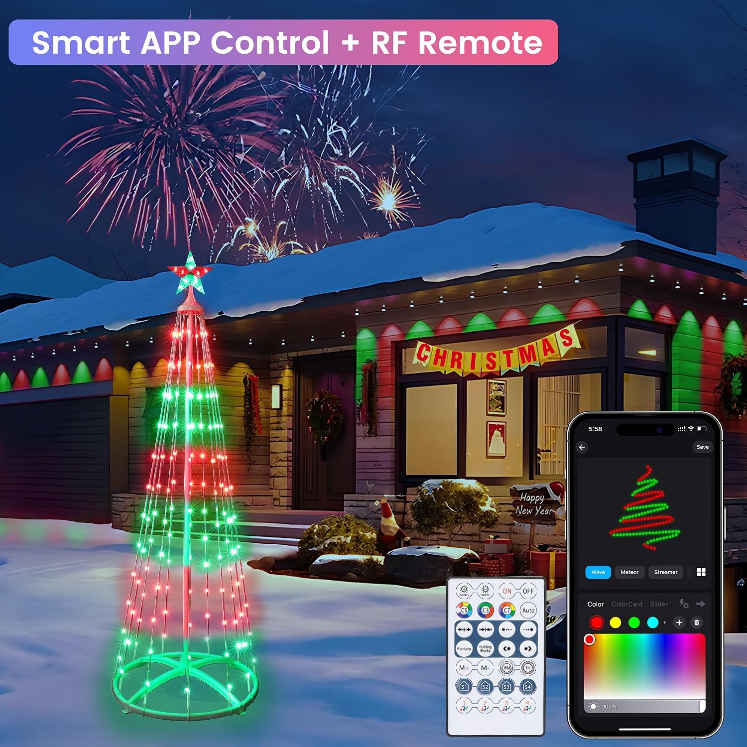 Detalle de Toodour LED0827406 RGB Cone Tree Lights, 8 ft, 406 LEDs, App and Music Sync