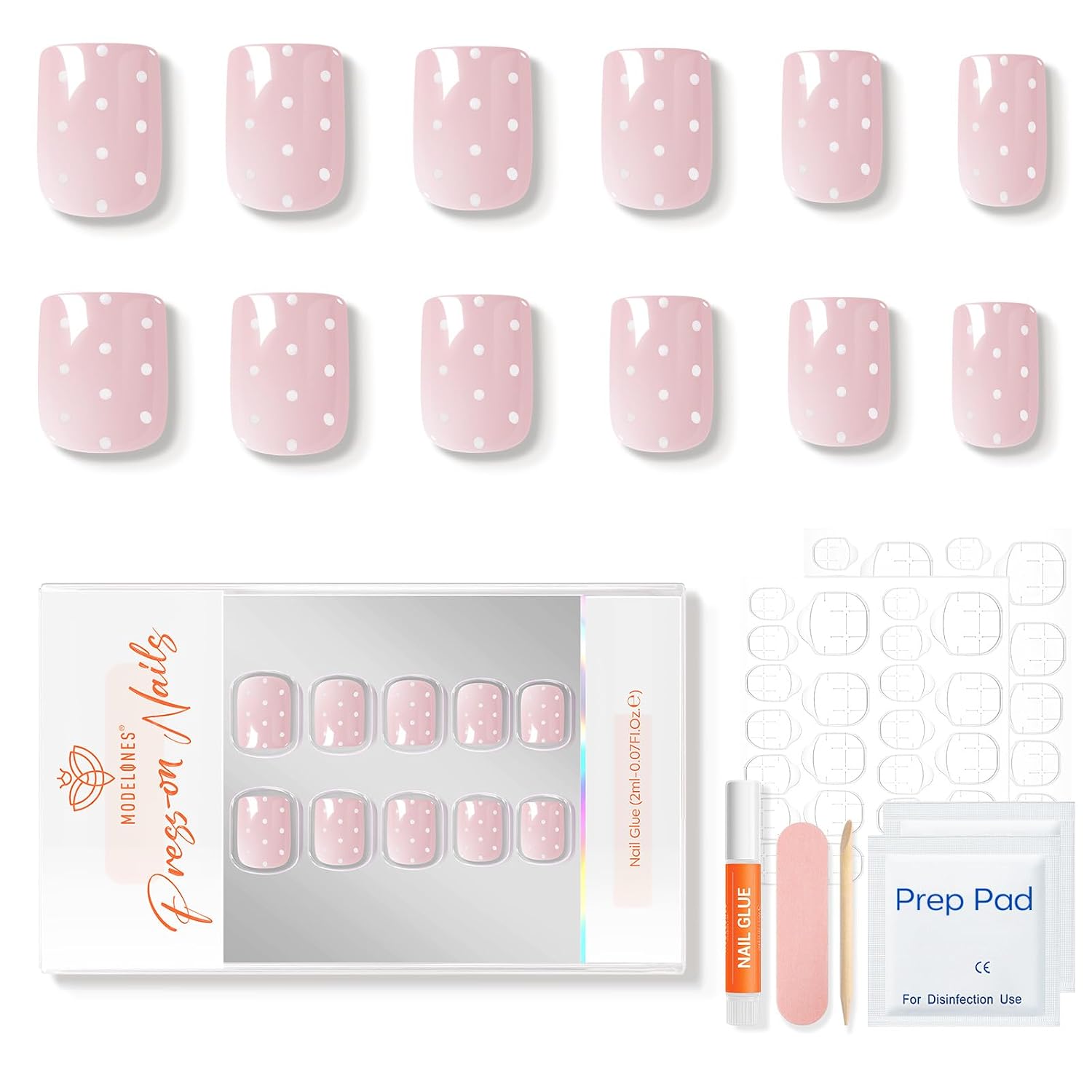 Detalle 2 de Modelones Pink Polka Dot Press-On Nails: Short Square, 32-Piece Reusable Kit