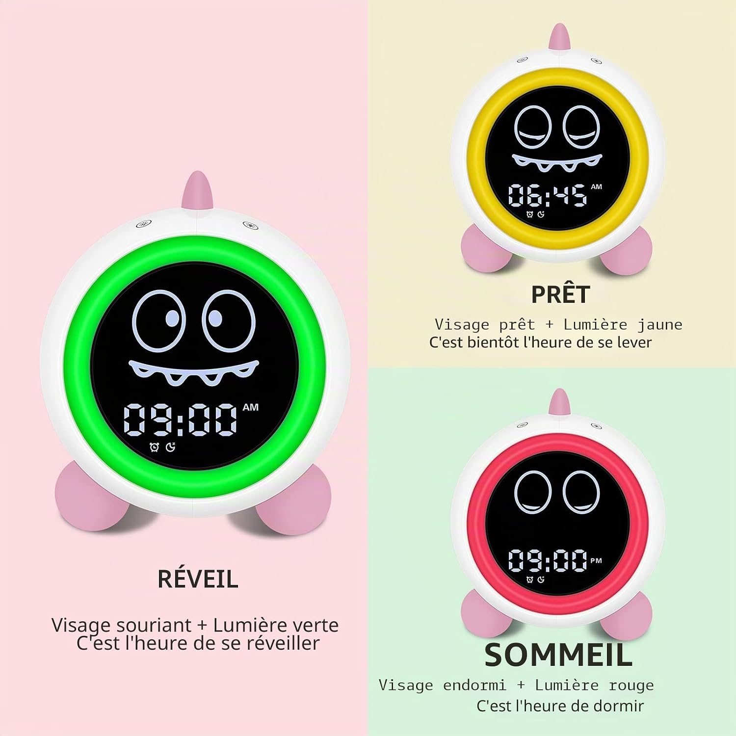 Detalle 2 de H-chin Réveil pour Enfants — Entraîneur de Sommeil avec Veilleuse et Machine Sonore (Rose)