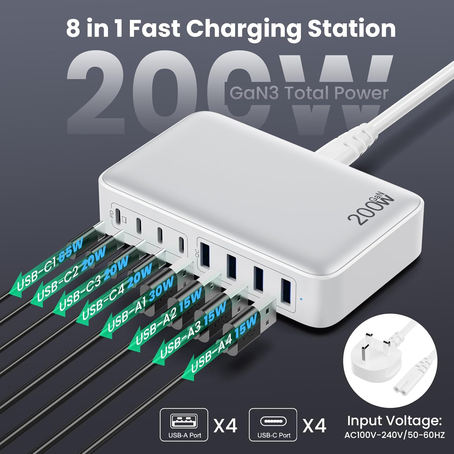 Thumbnail 1 de 200W USB-C Fast Charger Block (8-Port) with GaN III – 65W USB-C Laptop Charging Station Hub (White)