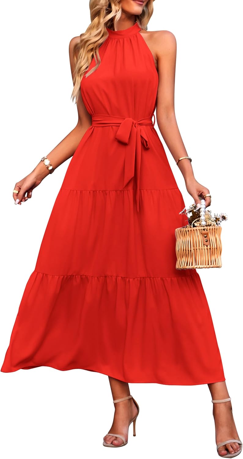 Thumbnail 6 de PRETTYGARDEN Women's Summer Floral Maxi Sun Dress - Halter Neck, Belted Boho Sleeveless