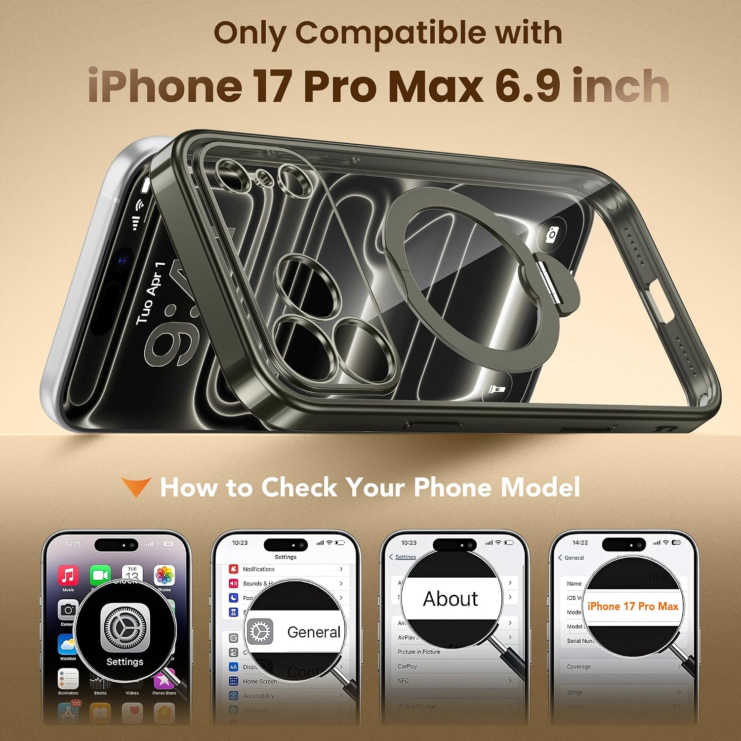 Thumbnail 1 de GolbinBox for iPhone 17 Pro Max Case with 360° Spin Magnetic Stand (MagSafe Compatible) — Titanium Gray/Clear