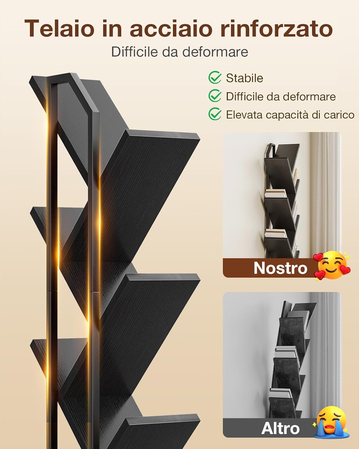 Thumbnail 2 de Coleshome Libreria ad albero a 6 ripiani con divisori e strisce LED, nero