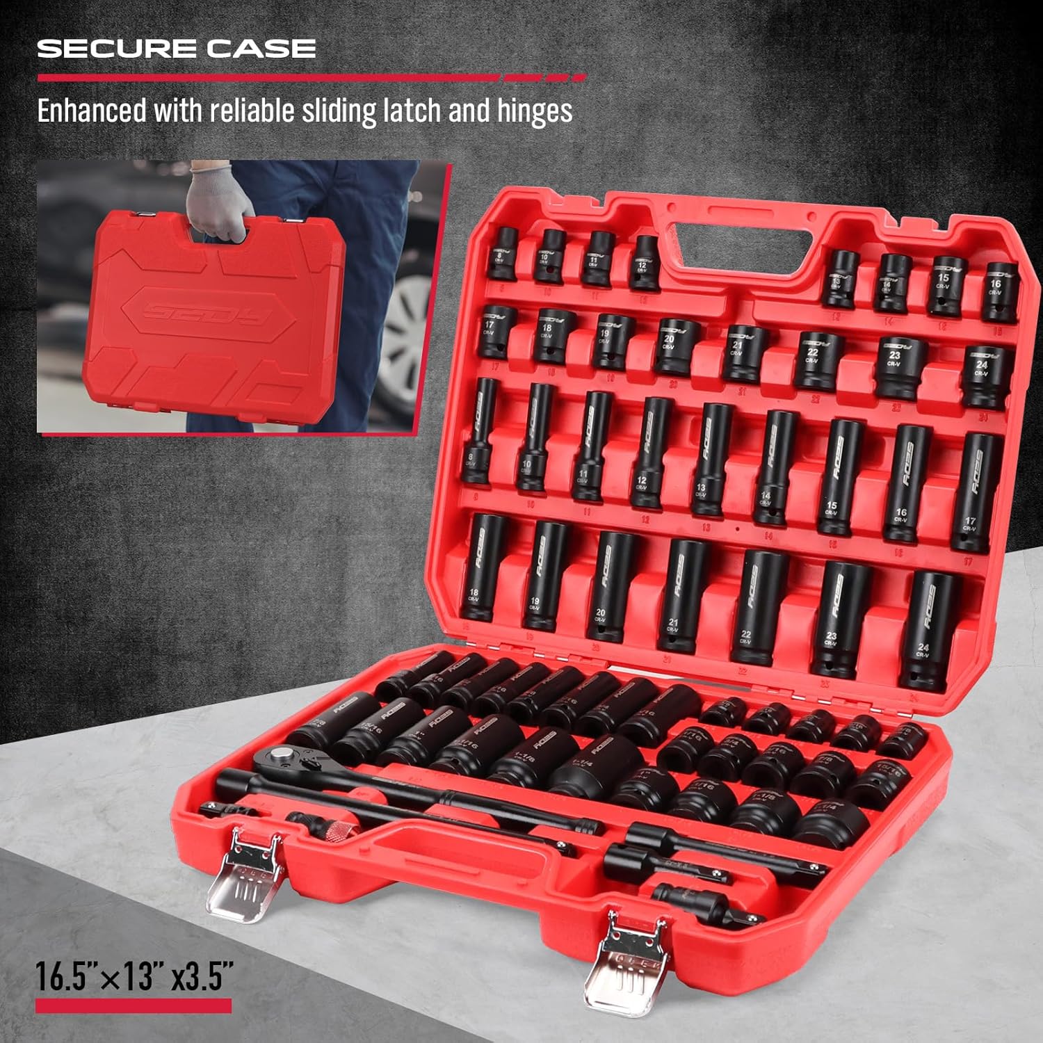 Thumbnail 6 de Master 1/2" Drive Impact Socket Set (67-Piece) — SAE 3/8"–1-1/4" & Metric 8–24mm, Ratchet + Extensions
