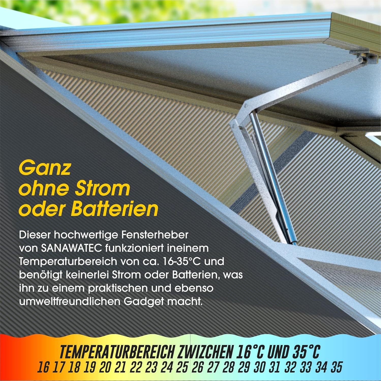 Detalle de SANAWATEC automatischer Fensteröffner für Gewächshaus – temperaturgesteuert (Hubkraft 7 kg, Hubhöhe 40 cm)