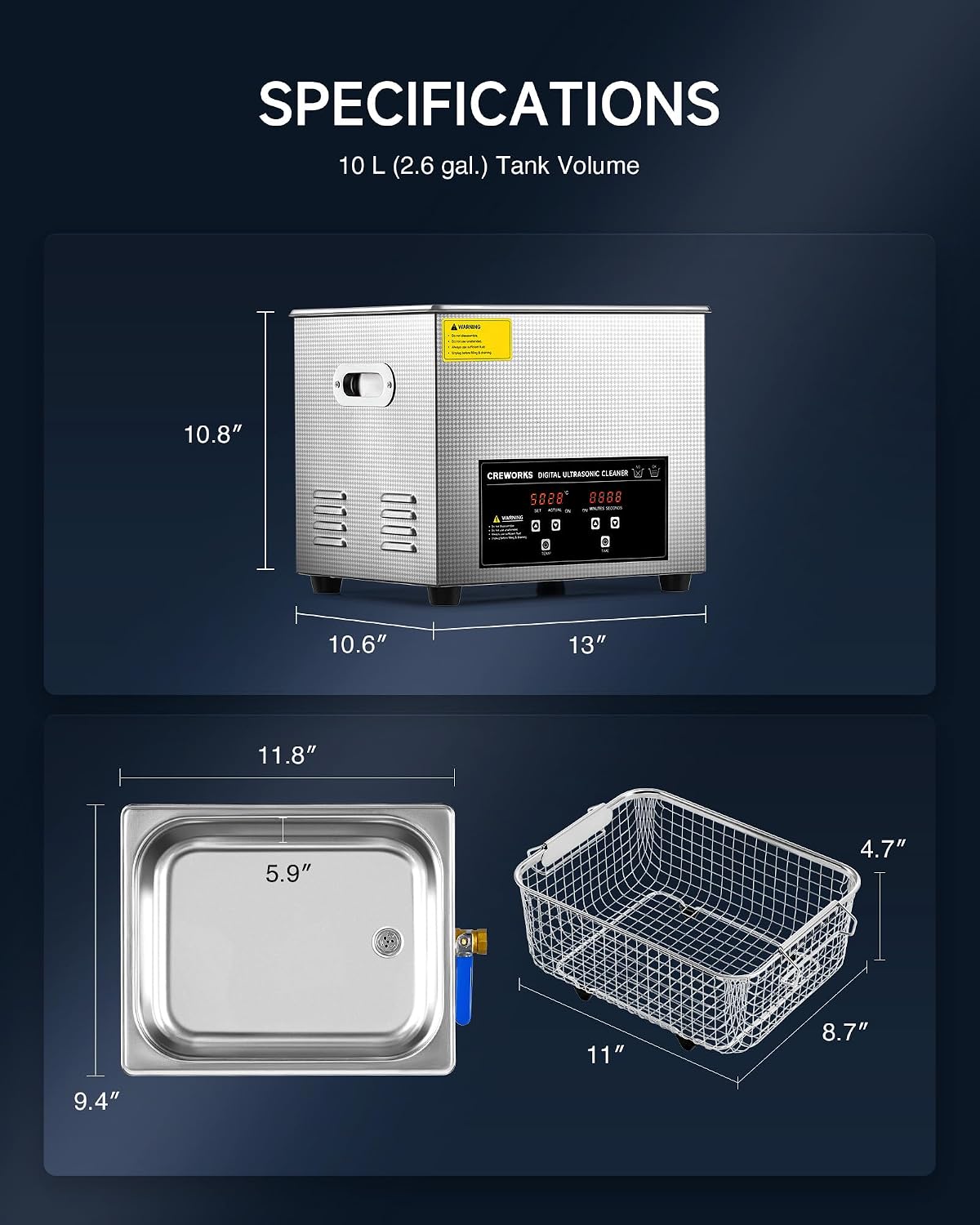 Thumbnail 4 de CREWORKS 10L Commercial Ultrasonic Cleaner with Digital Controls and Heater