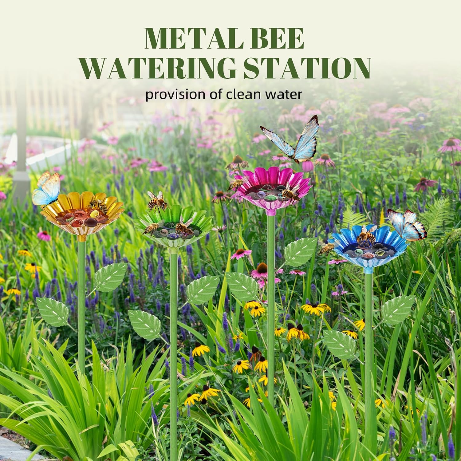Detalle de Bienengießstation, 4 Stück – Metall-Bienenbecher mit Glasperlen für durstige Bestäuber