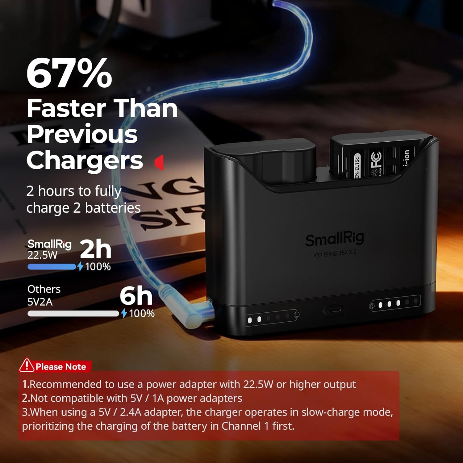 Detalle de SmallRig Caricabatterie EN-EL15c per Nikon – doppio slot, USB-C 22,5 W e display LED