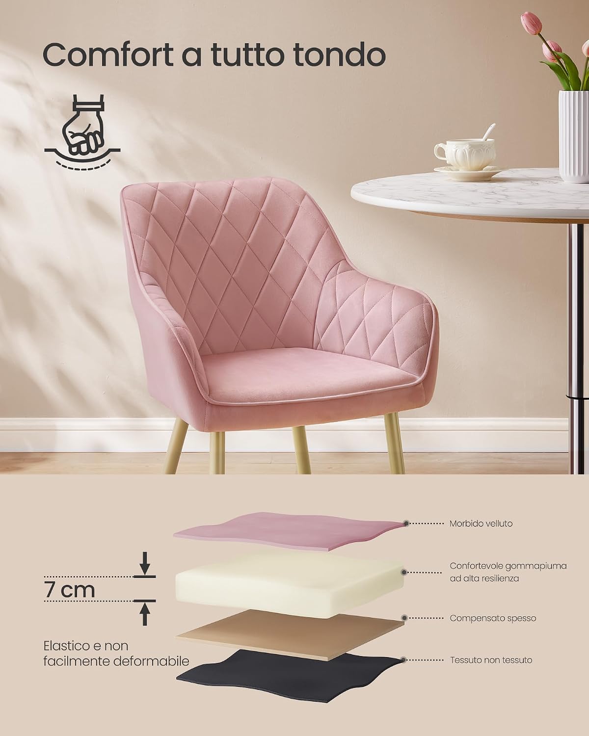 Thumbnail 4 de SONGMICS Sedia imbottita in velluto Rosa Pastello con gambe dorate pallido (LDC088R01) 120 kg