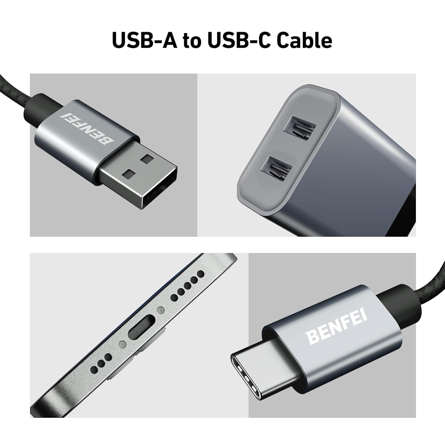 Thumbnail 6 de BENFEI Silikon USB-C auf USB-A Kabel – 3 A, 2 m, gewebter Braun-/Aluminiummantel, 15 W Ladung