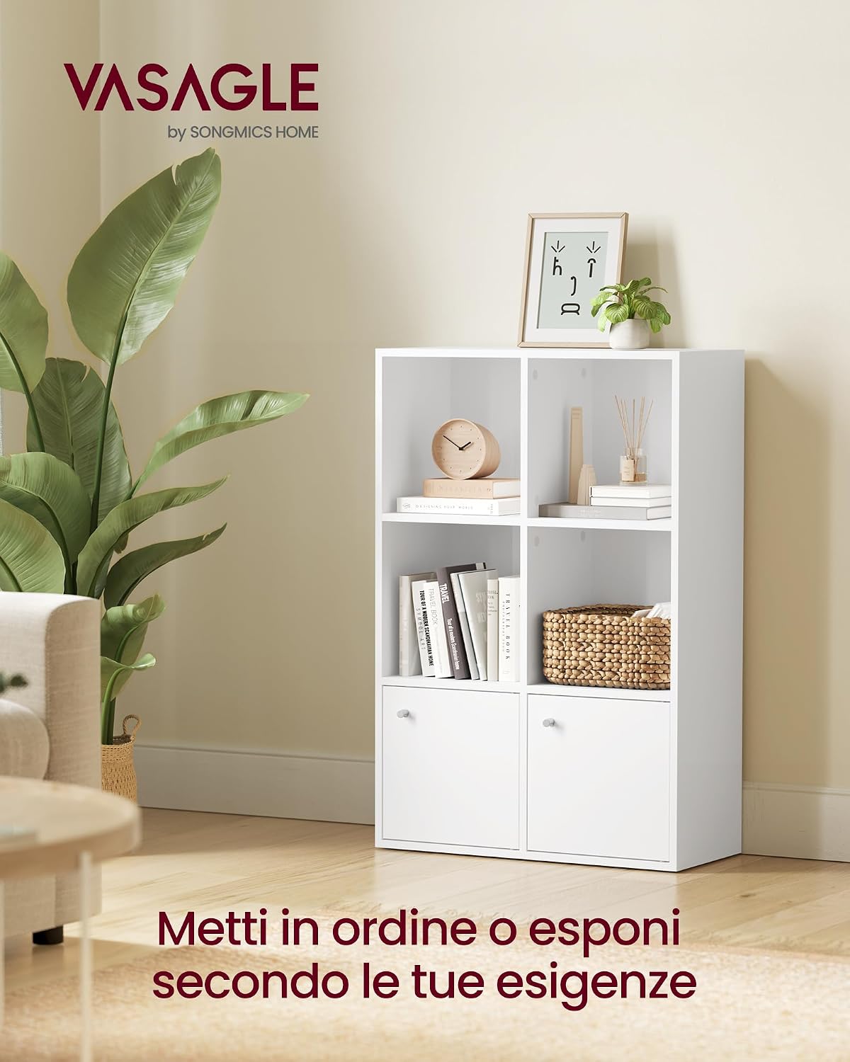 Detalle de VASAGLE Libreria LBC506WB01: Scaffale a 3 Ripiani in Bianco Nuvola con Ante, 29 x 65,8 x 97,8 cm