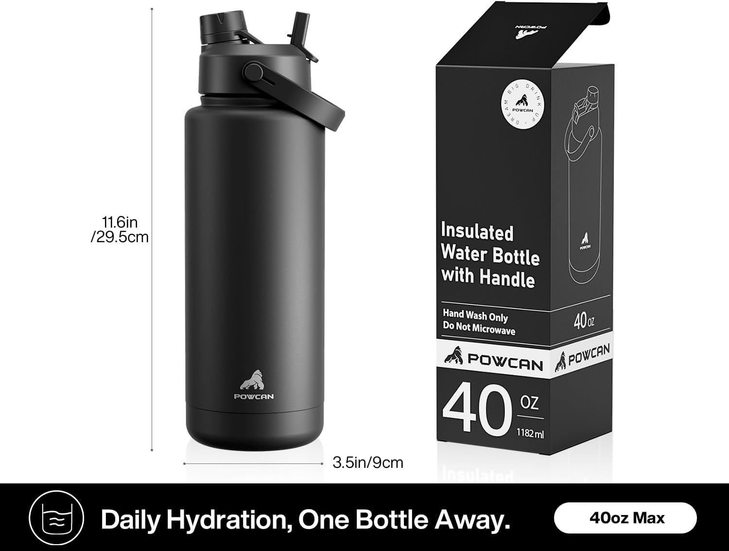Detalle 1 de POWCAN 40 oz Insulated Water Bottle with 2-in-1 Straw and Spout Lid, Dark Knight