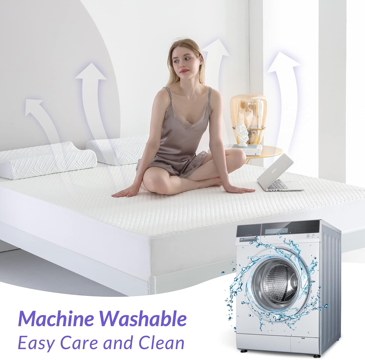 Detalle de Coriwell Waterproof Mattress Protector – King Bamboo Extra Deep Pocket, Breathable, 150 × 200 + 30 cm Deep Skirt