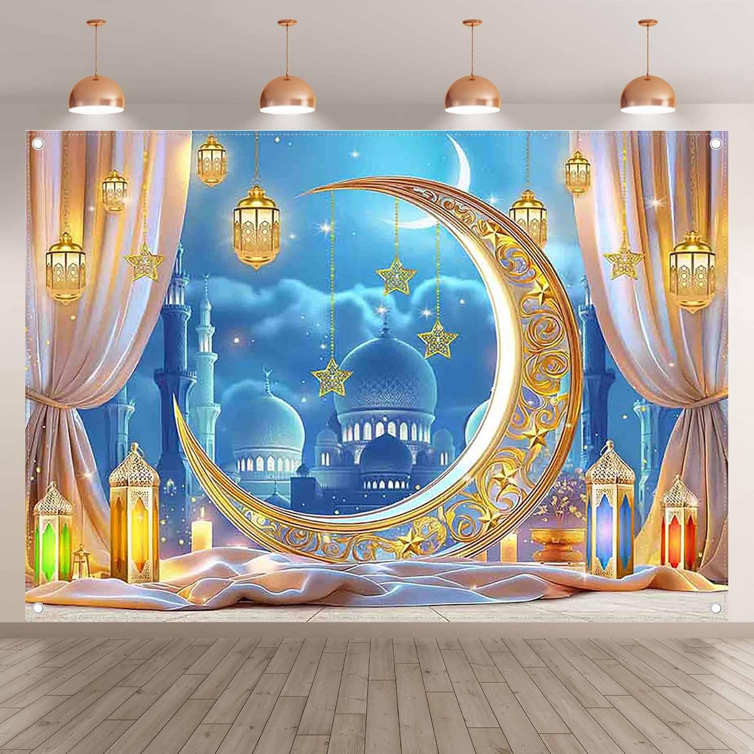 Thumbnail 1 de Luminora 7x5ft Fabric Ramadan Mubarak Backdrop – Blue & Gold Moon Night Lanterns (Polyester)