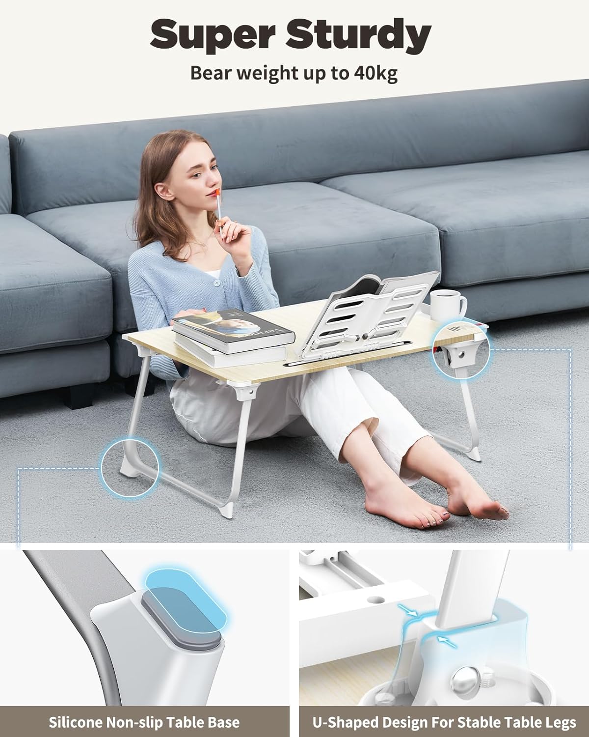 Thumbnail 3 de SAIJI XX-Large Foldable Bed Tray Table (Teak) – Multi‑Use Laptop Desk with Storage Drawer
