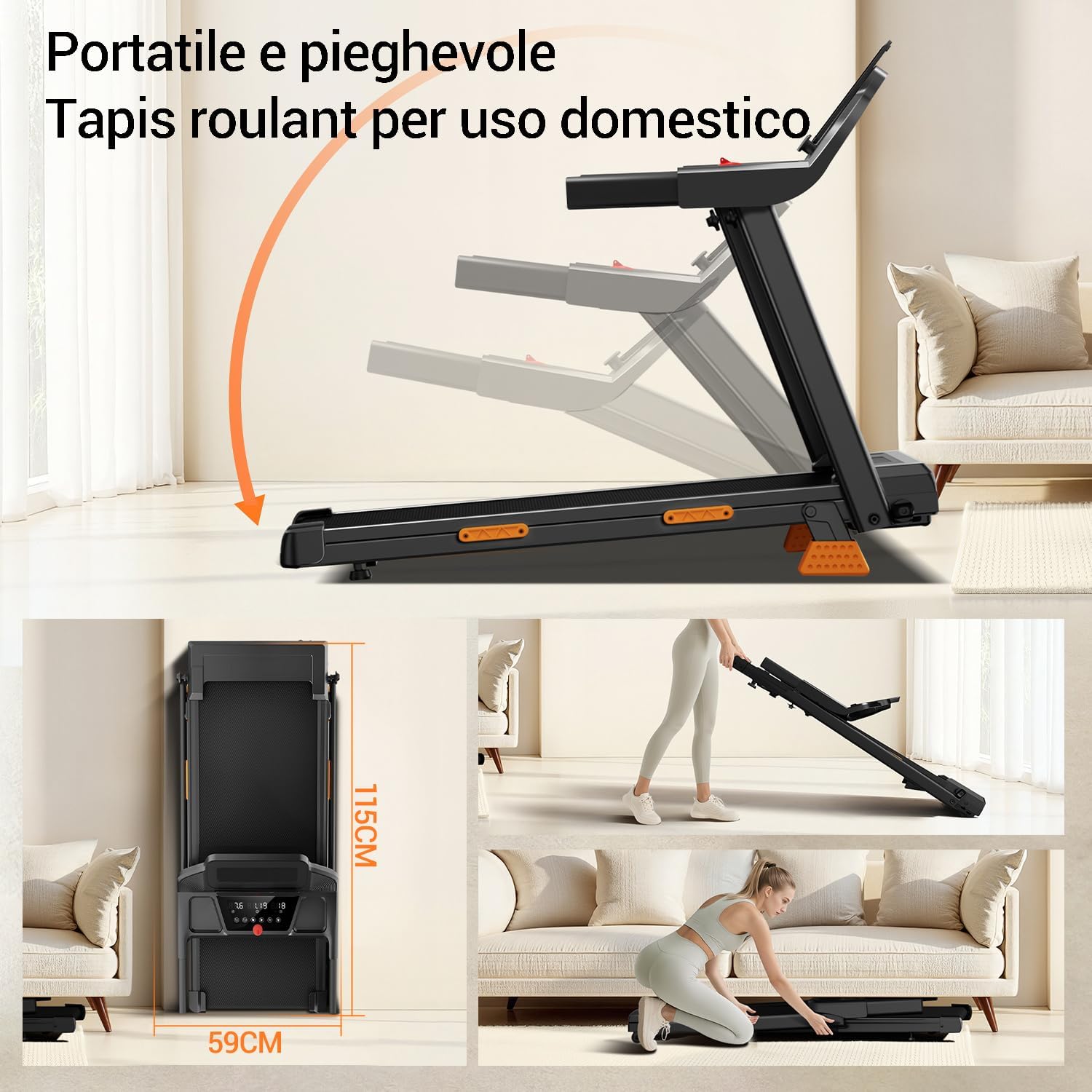 Detalle de CURSOR Tapis Roulant Salvaspazio con inclinazione 15%, motore 3.0 HP e display LED (fino a 12 km/h)