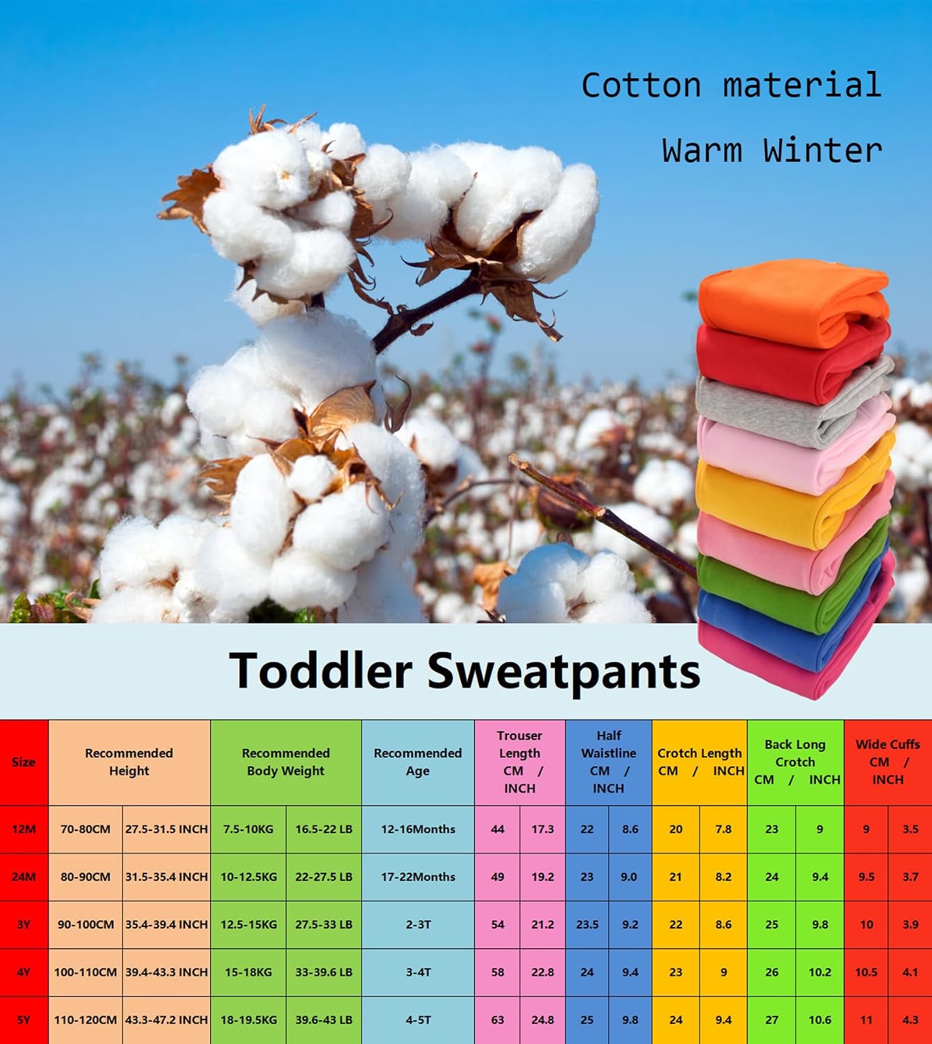Detalle de CuteOn Kids Elastic Waist Cotton Warm Trousers for 1–5 Years