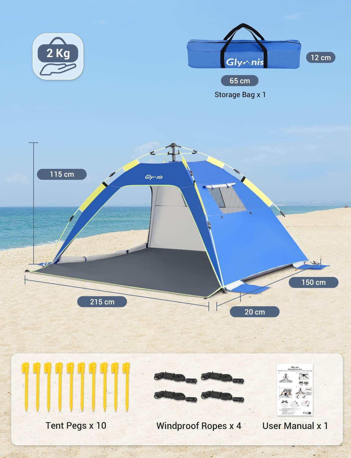 Thumbnail 2 de Glymnis Pop Up Beach Tent 3-4 Person – Instant, UV Protected Sun Shelter