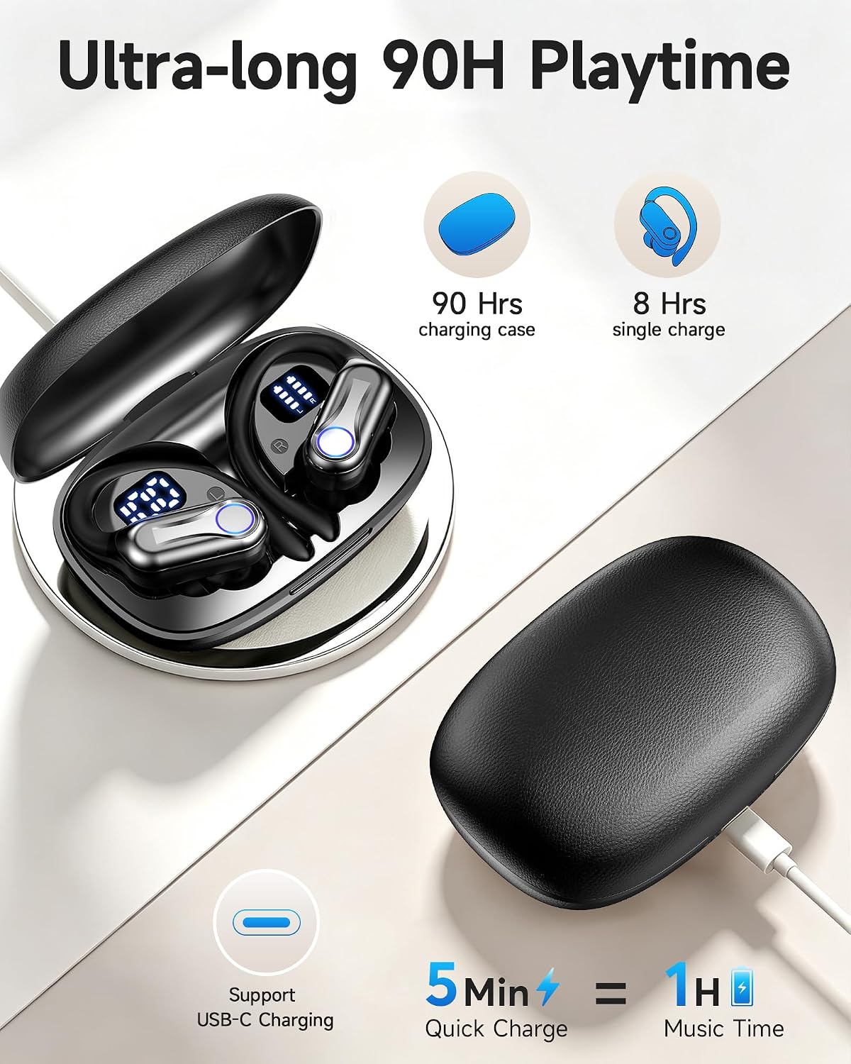 Detalle de Acjohtin Wireless Earbuds with Hooks — 6.1 Bluetooth, 90H Playtime, IPX7, 16.2mm Driver